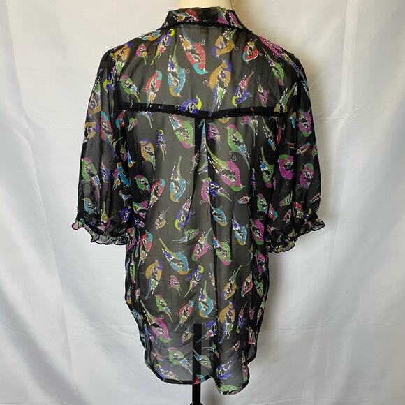 Uttam Boutique Sheer Blouse Size Medium Colorful Bird Tie Neck Button Down - Picture 11 of 15